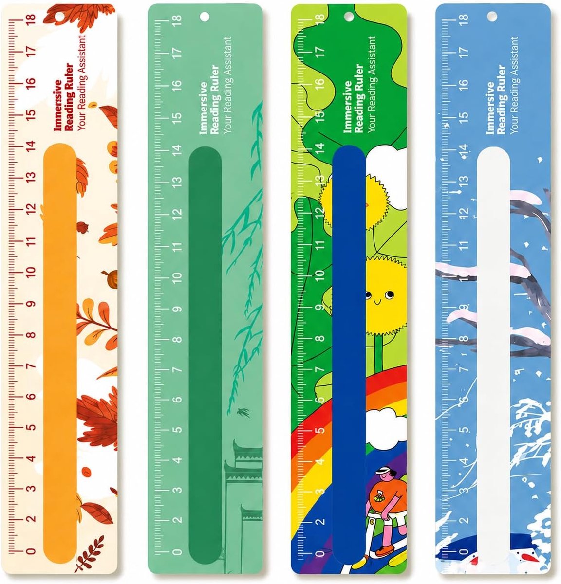 Set van 4 bladwijzers voor lezen, seizoensgebonden motieven, lente, zomer, herfst, winter, volgregels voor leerlingen en leraren, hulp bij het begrijpen van tekst, kleurrijke overlays voor