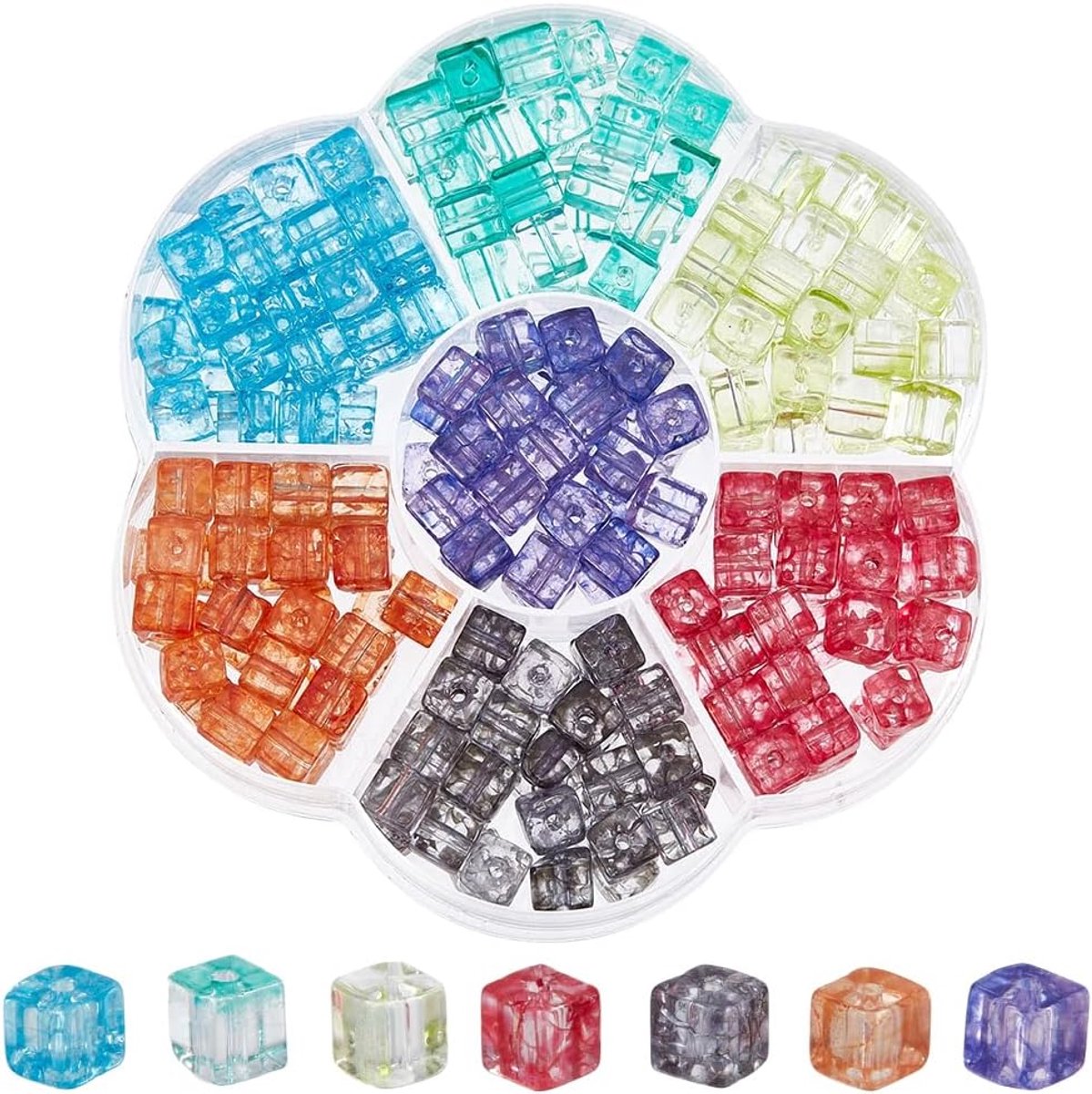 1 Doos 245 stuks 7 kleuren 6mm Glazen Kubus Kralen Helderblauw Rood Crackle Vierkant Kristal Transparant Gefacetteerd Losse Spacer Kral Bedels Bulk voor sieraden maken Armband Ketting DIY K