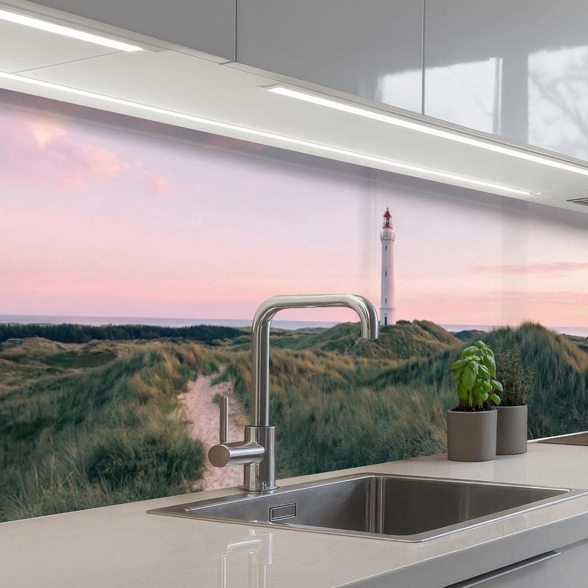 Keukenachterwand 80x400 cm zelfklevend keuken decoratie accessories home kitchen spatscherm Vuurtoren - Duinlandschap - Zee