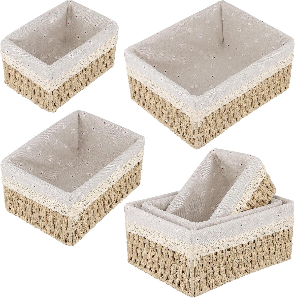 6 stuks opbergmanden, gevlochten met voering, handgeweven rotan organizer, manden, boho-mand, opbergmand, beige gevlochten mandset voor badkamer, kast, tafelbladen