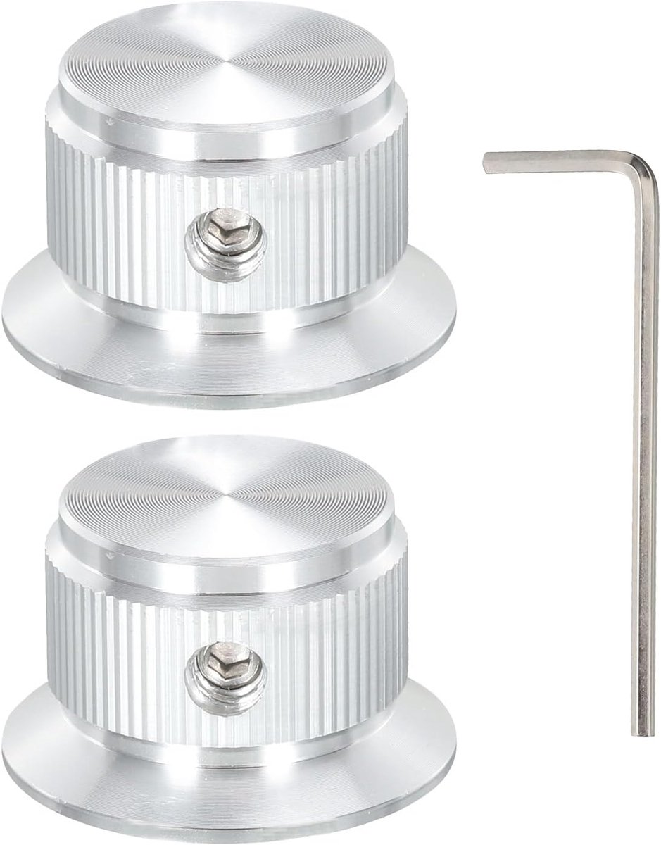 Aluminium knoppen voor potentiometer 6 mm lans 1/4 inch voor gitaar bas audio versterker vermogen volumeregelaar diameter 24 mm zilver 2 stuks (met sleutel)