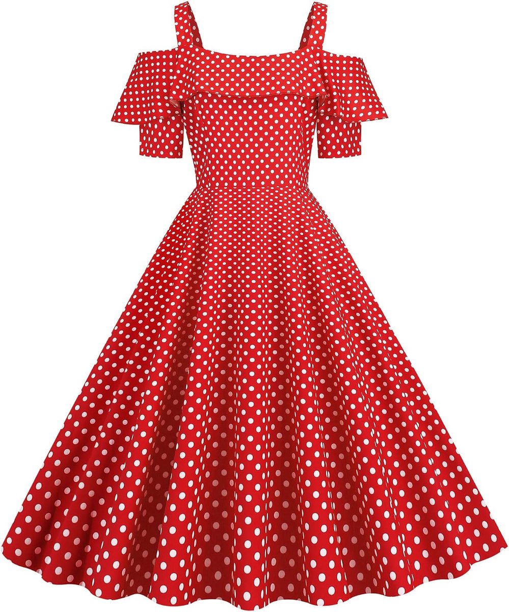 Damesjurk met ruches, schoudervrij, met polkastippen, jaren '50 retro jurk
