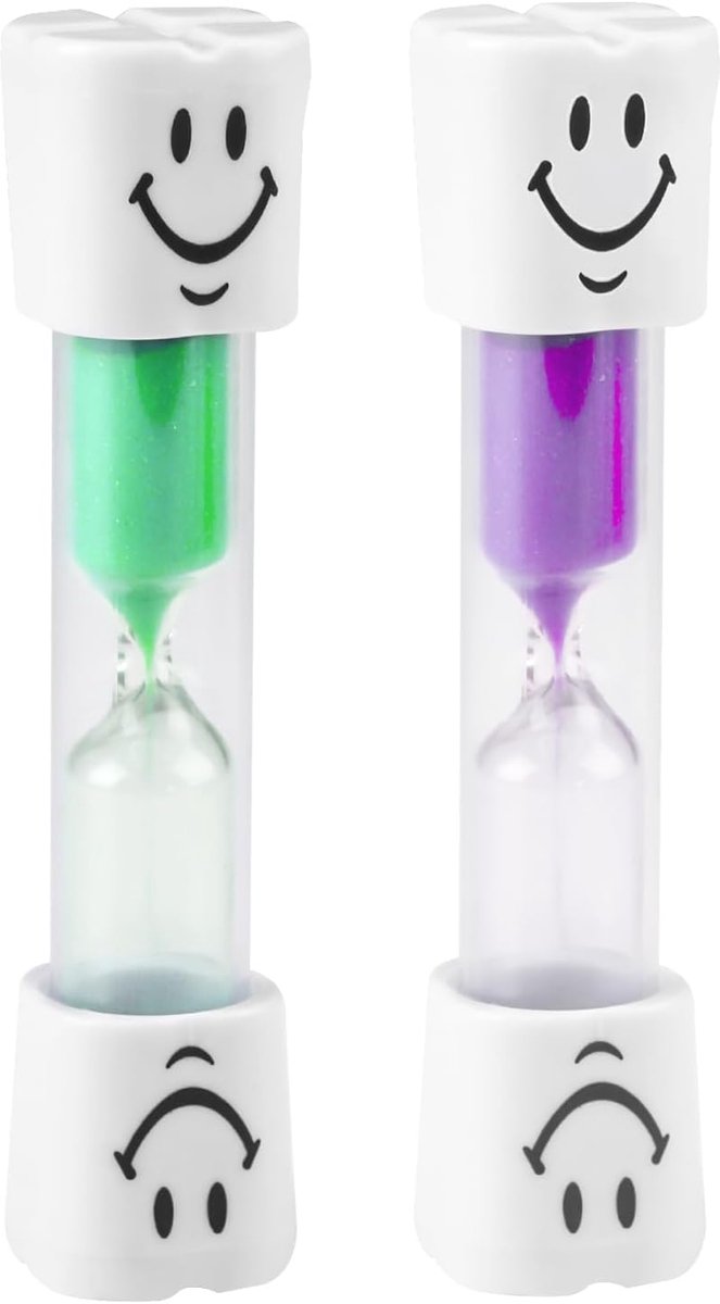 Tandenborstel voor kinderen, 3 minuten, 2 stuks, kleurrijke timer met glimlachend gezicht, ideaal voor tandhygiëne, spelletjes en koken (groen en paars)
