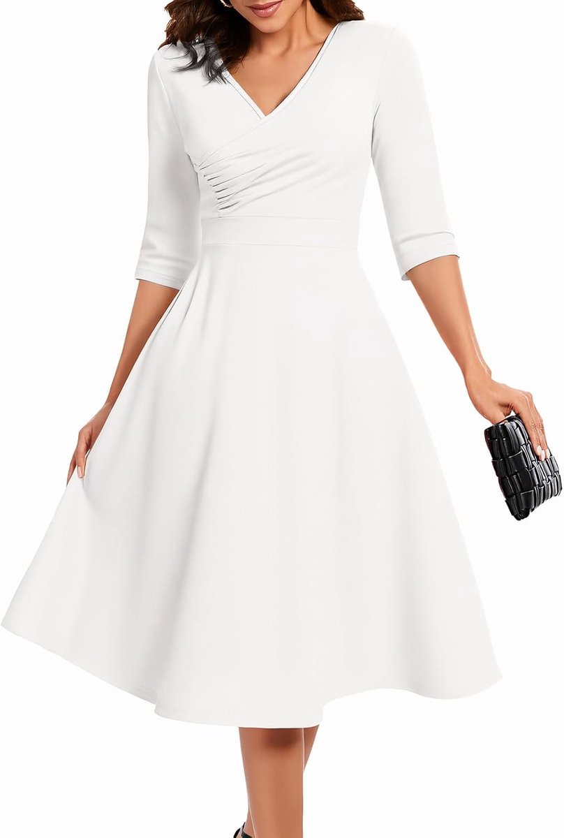 Cocktailjurk voor vrouwen, wikkelmodel met V-hals, 3/4 mouwen, vintage theelengte, midi partyjurk geschikt voor bruiloftsgasten en formele gelegenheden