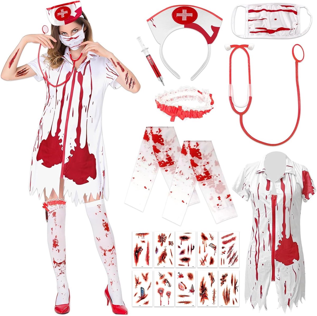 Dodenverpleegster Kostuum voor Vrouwen - Halloween Outfit met Kousen, Hoofdband en Tatoeages voor Carnavalsfeesten