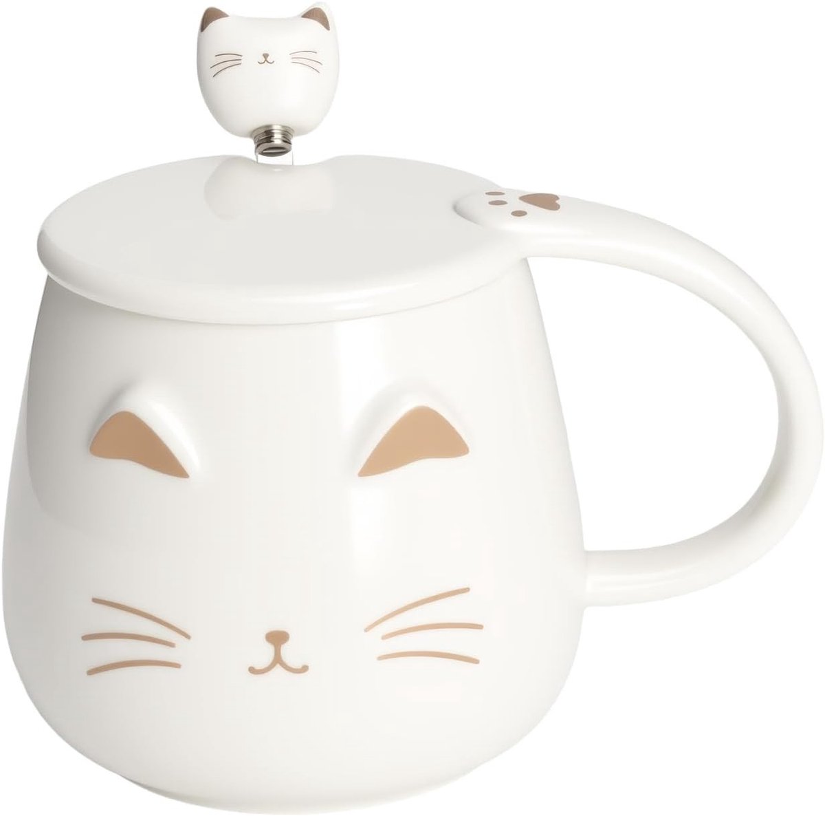 Schattige keramische kattenmok met deksel en lepel, 400 ml, ideaal cadeau voor kattenliefhebbers, perfect voor koffie, thee of melk