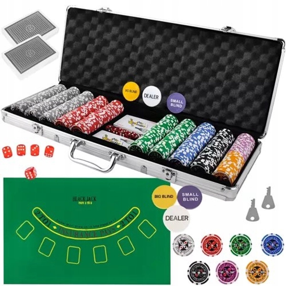 Merkloos Poker Set: 500 Chips, Aluminium Koffer & Speelmat