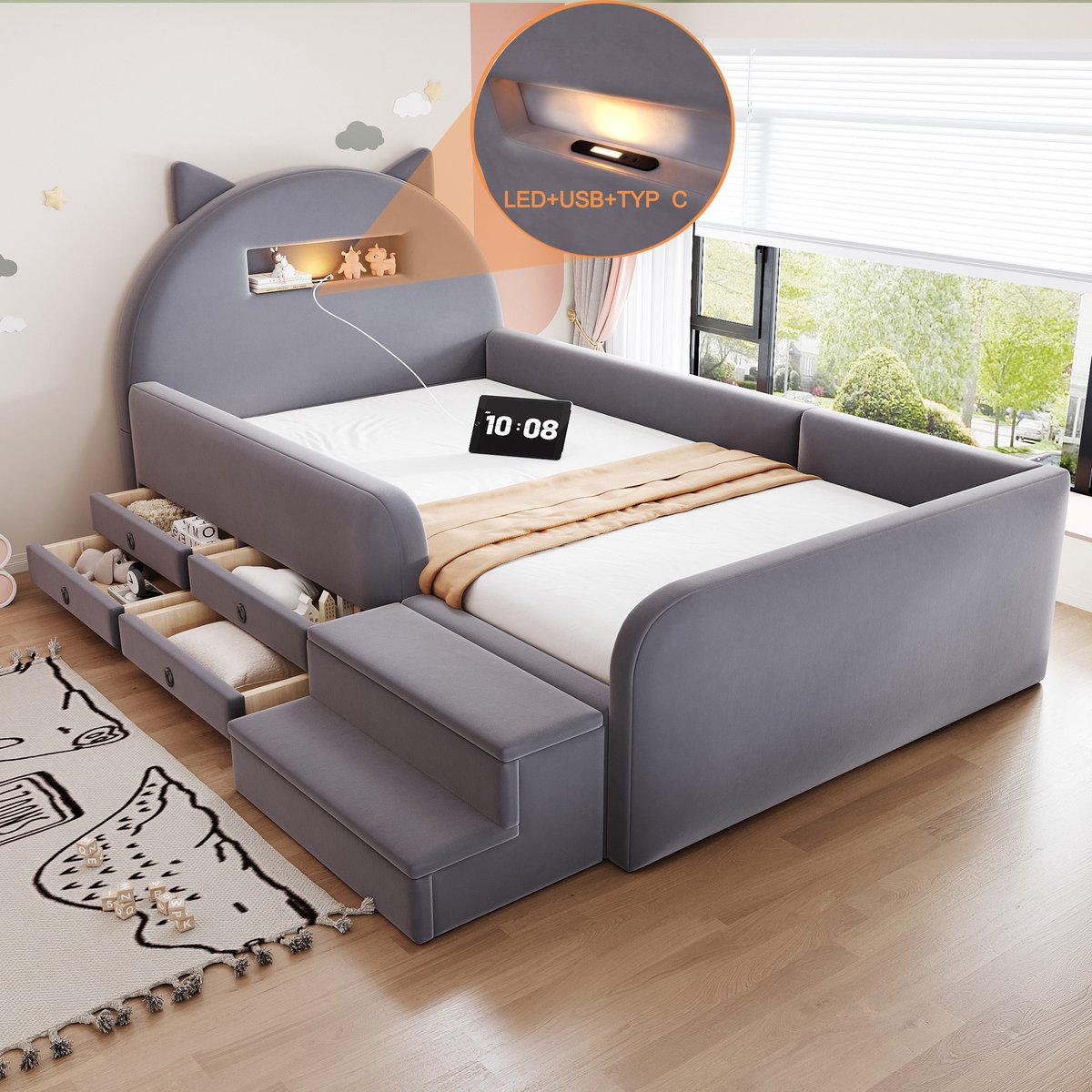 VVBV Kinderbed 90x200 cm - Opbergruimte, USB-Aansluiting, Met Lades, Gestoffeerd Hoofdbord - Donkergrijs, Stof