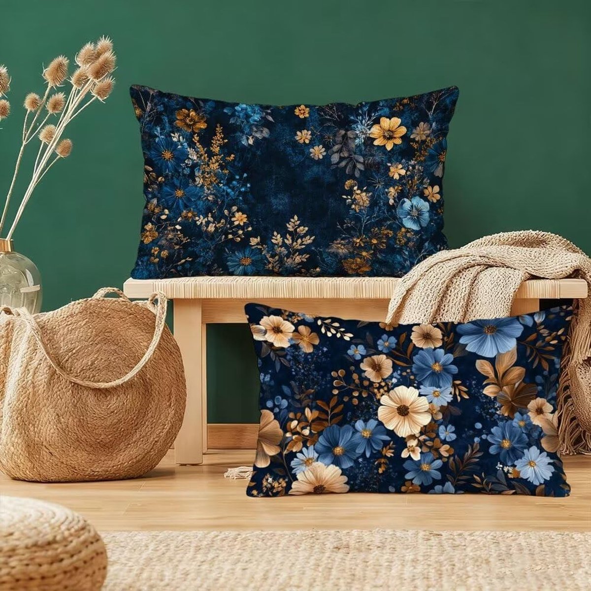 Elzusha - Set van 2 Kussenslopen 40 x 80 cm met Blauwe en Gouden Accenten