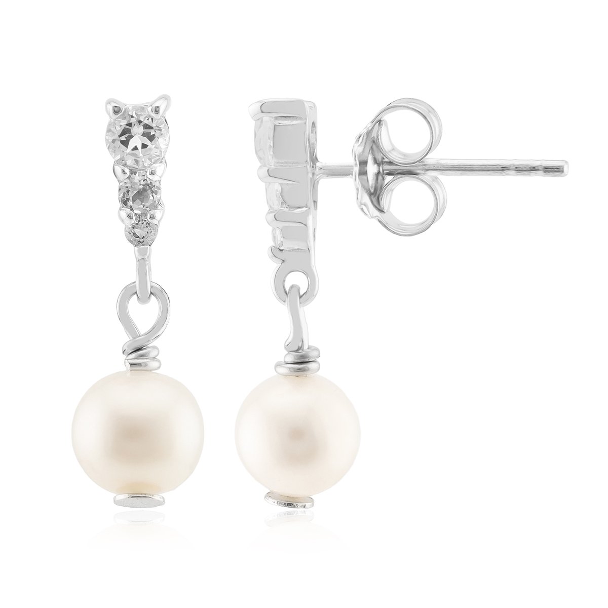 Cavill - Zilveren Oorbellen met Witte Zoetwaterparels en Witte Topaas - 925 Sterling Zilver - Elegante Ronde Parels 6 mm - Feestelijk & Klassiek