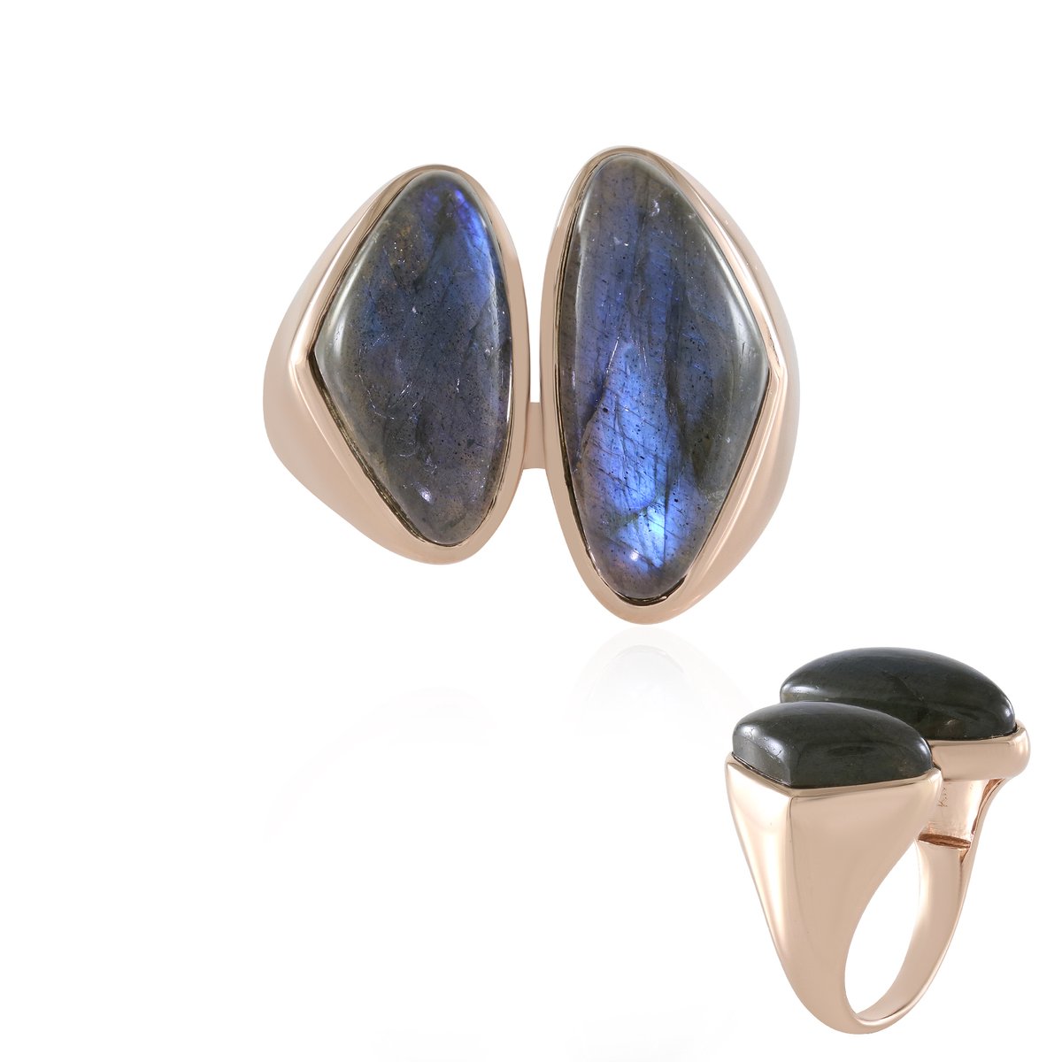 Cavill - Ring 925 Sterling Zilver - Roségoud Verguld - 12,6 ct Blauwe Labradoriet Cabochon - Elegante Bezelzetting Edelsteen Ring