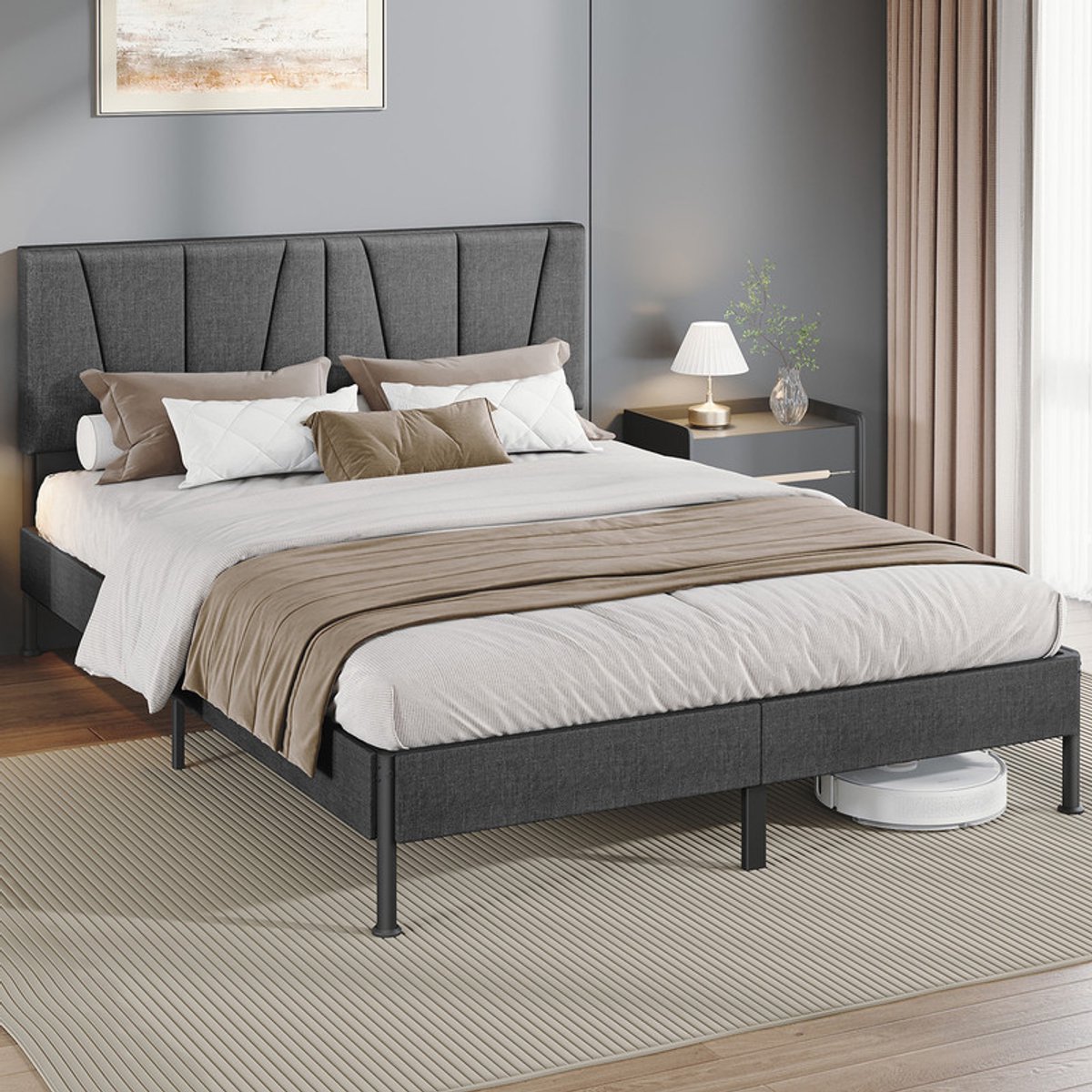 Hzuaneri Gestoffeerd bed, 140 × 190 cm, bedframe, tweepersoonsbed met gevoerd hoofdeinde, tweepersoonsbed met lattenbodem van metaal, bedframe, geschikt voor slaapkamer, Donkergrijs