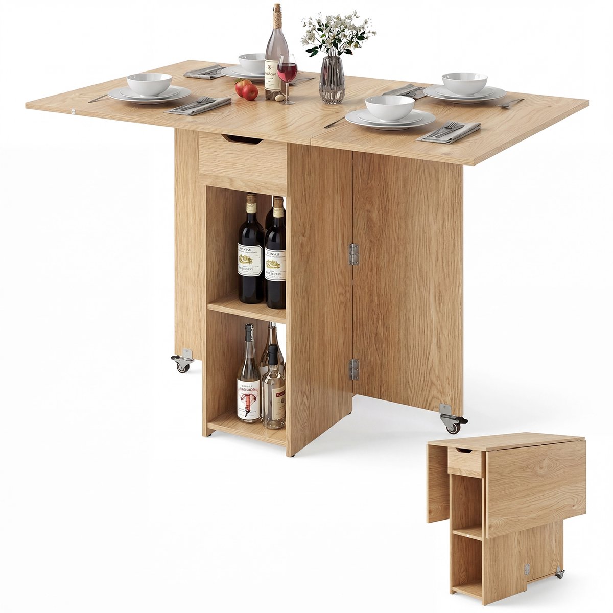 COSTWAY Eetkamerklaptafel, keukentafel met wielen, lade en 2 opbergvakken, klaptafel voor 2-4 personen, eettafel voor kleine ruimtes, eetkamer, keuken, 120 x 72 x 75 cm (natuur)