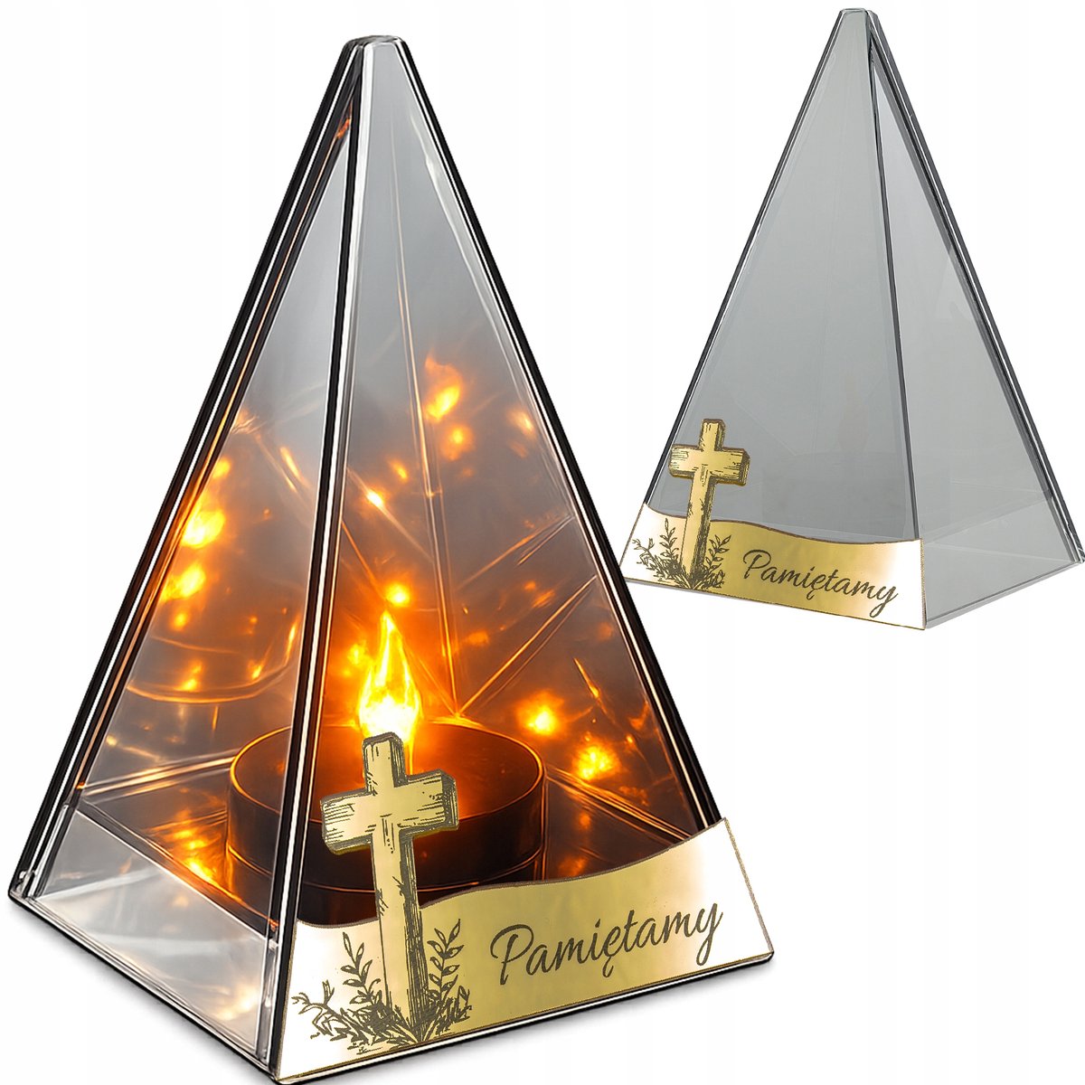 LED Graf Lampion met Vlameffect - Glas & Gouden Kruis
