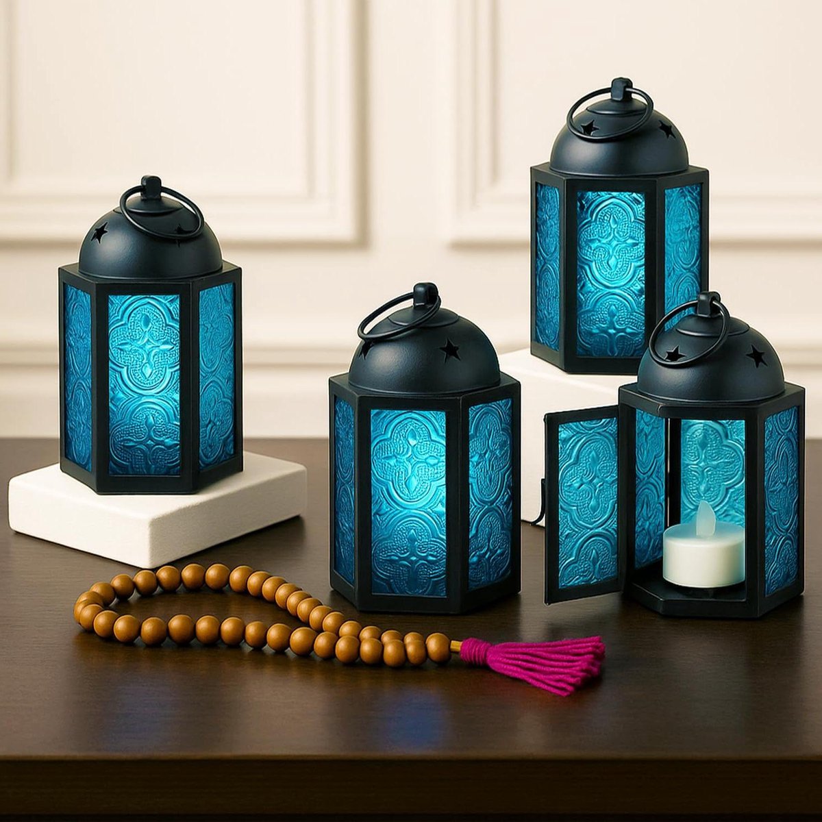 Decoratieve Kaarslantaarns - Mini Lantaarns - Sfeerverlichting Buiten - Set van 4 stuks - 108 cm hoog - Aquablauw