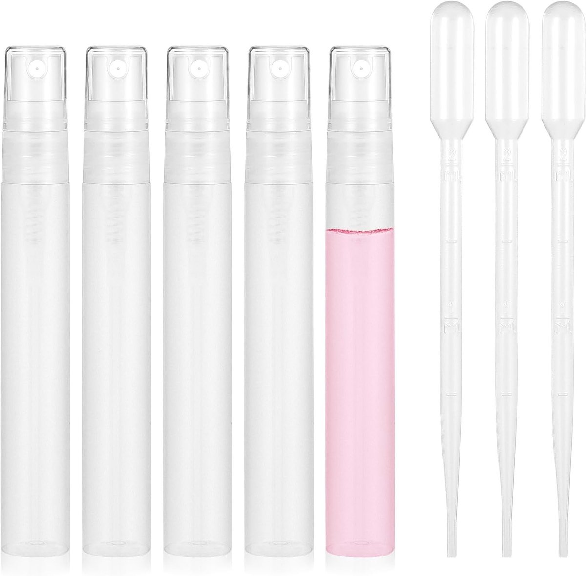 Thijox - 5 Stuks Mini Spuitfles 10 ml - Lege Plastic Parfumverstuiver met 3 Transferpipetten - Transparante Reisflessen voor Parfum, Verzorging, Feest
