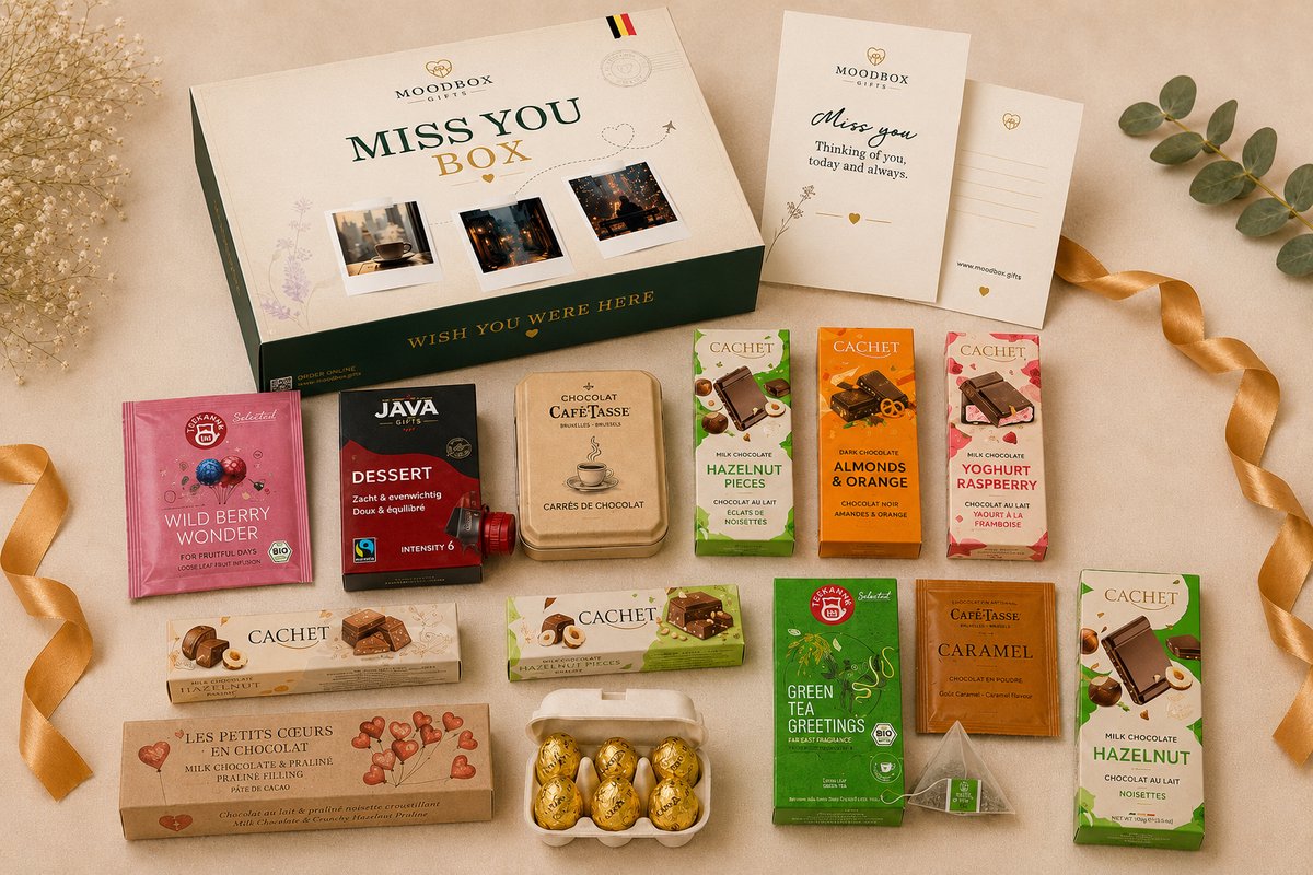 Luxe Ik mis je-cadeaubox – Belgische chocolade, koffie, thee & lekkernijen – Gepersonaliseerde wenskaart – Moodbox Gifts – Miss You Box Prestige