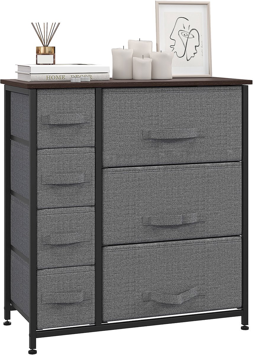 Commode met 7 opklapbare stoffen lades-vliesstof-metalen frame-63,5 x 30 x 71 cm-donkergrijs