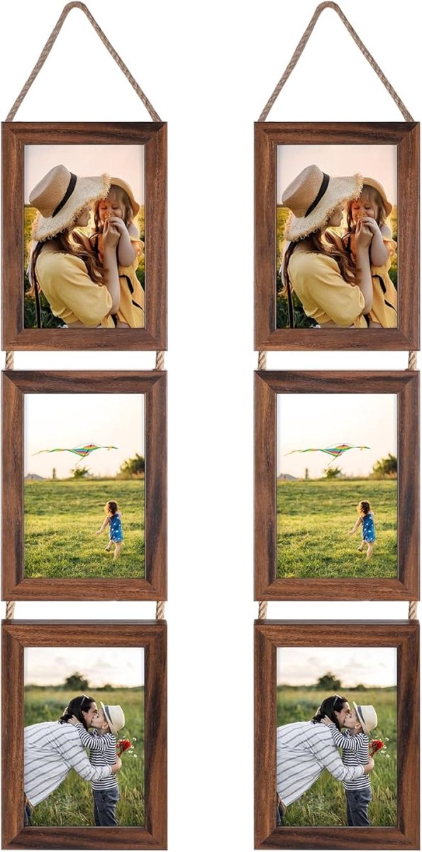 Fotolijst 10x15 cm - Bruin - Triple Collage Set van 6 - Rustieke Hangende Lijsten voor Foto's, Ansichtkaarten en Posters