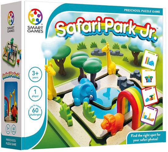 Doos van het spel Safari Park Jr. met een afbeelding van een olifant, giraffen, leeuw, bomen, regenboog en water.