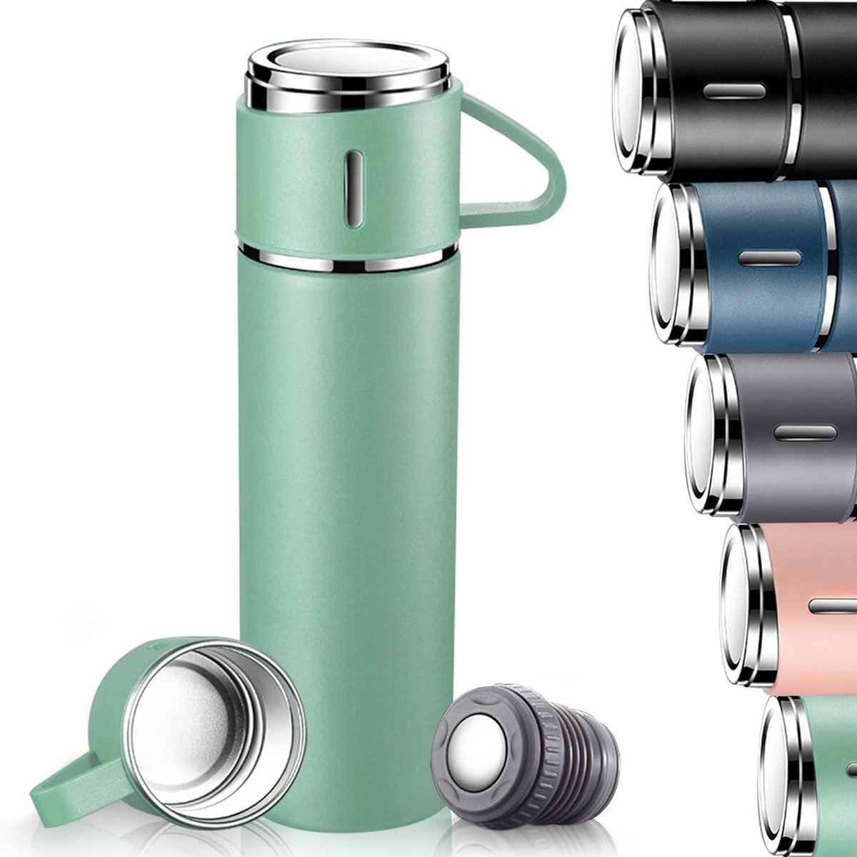 Wishdor RVS Thermosfles Set 500 ml - Inclusief 3 Drinkbekers - Dubbelwandige Isolatie (12u Warm/Koud) - 100% Lekvrij - Groen - Cadeau Set