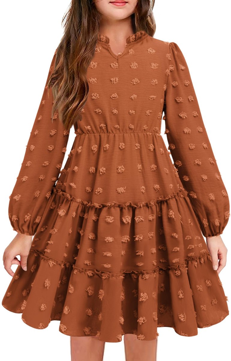 SolidKeus - Meisjes V-hals Chiffon Feestjurk met Lange Mouwen