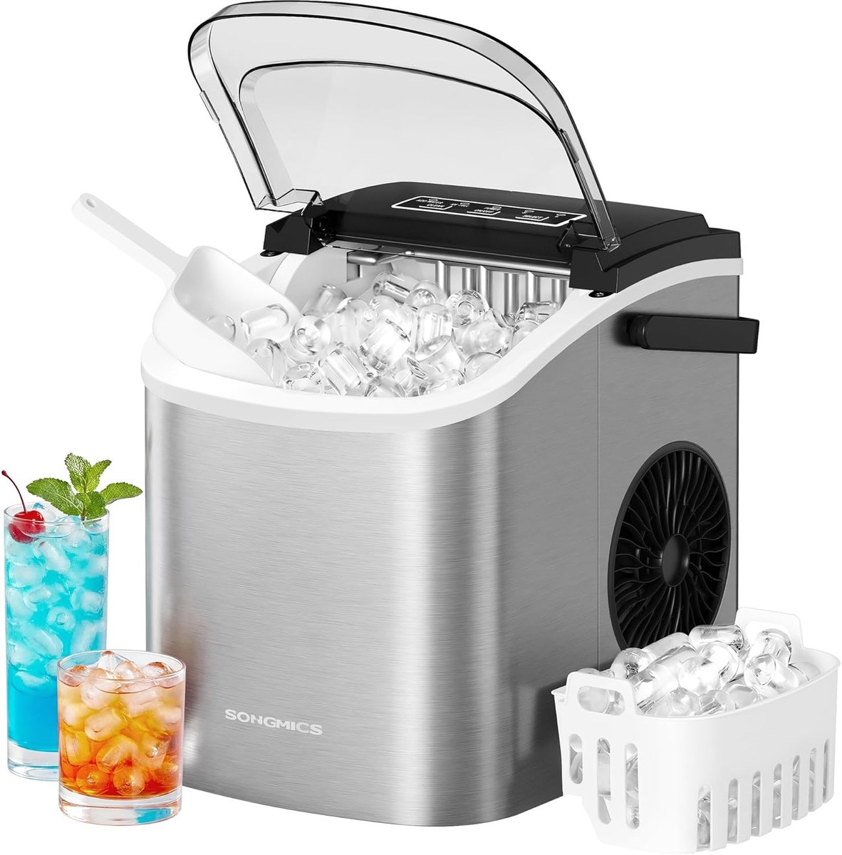 SONGMICS - Zelfreinigende ijsblokjesmachine - 12 kg in 24 uur - Kleine ijsblokjesmachine - 9 ijsblokjes in 2 maten in 6 minuten - zilvergrijs