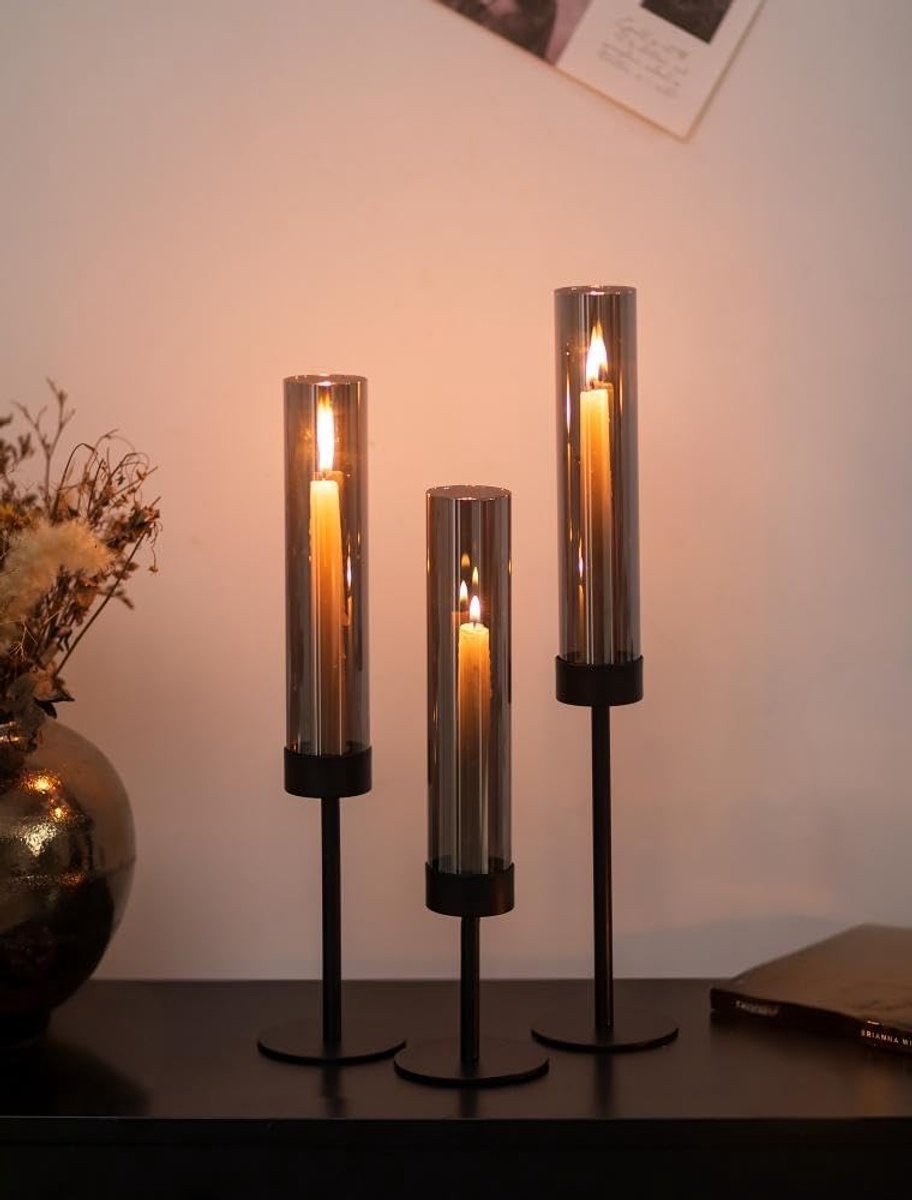 Kandelaar voor Staaskaarsen Zwart met Rookglas: Set van 3 Metalen Kandelaars met Windlicht - Moderne Tafeldecoratie voor Binnen - Buiten - Woonkamer - Kerst – foto 7