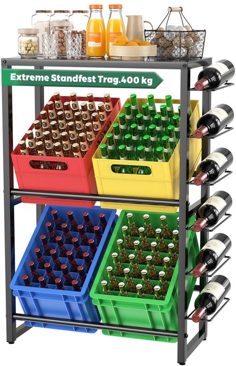 Drankrattenrek hoog draagvermogen - Metalen Opbergrek - Plank voor 4 Kratten - Stabiele Constructie - Duurzaam Koudgewalst Staal - Tot 400 kg Draagvermogen