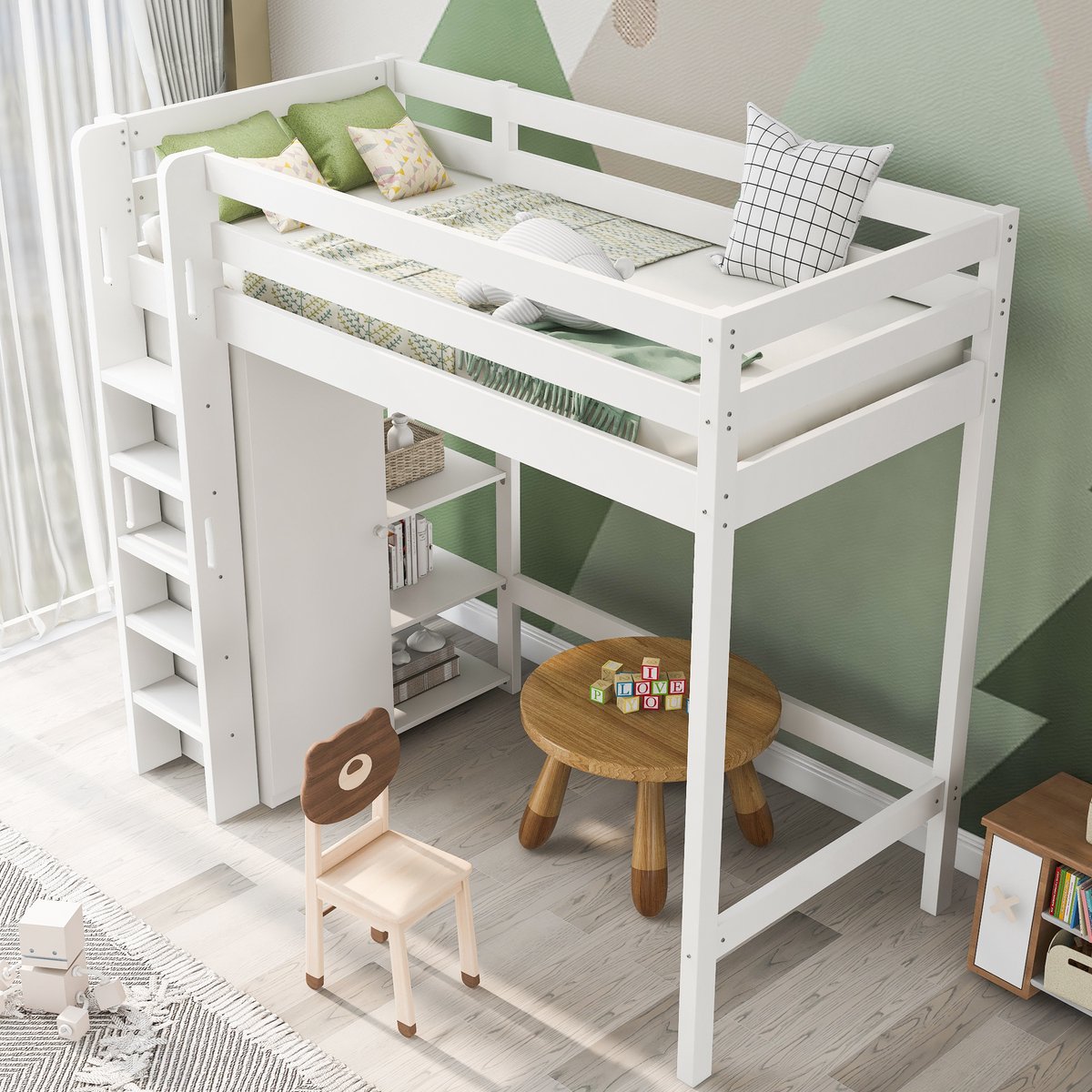 Kinderbed - voor matras 90 x 200 cm - wit - met opbergruimte en lattenbodem - matras niet inbegrepen - voor de slaapkamer