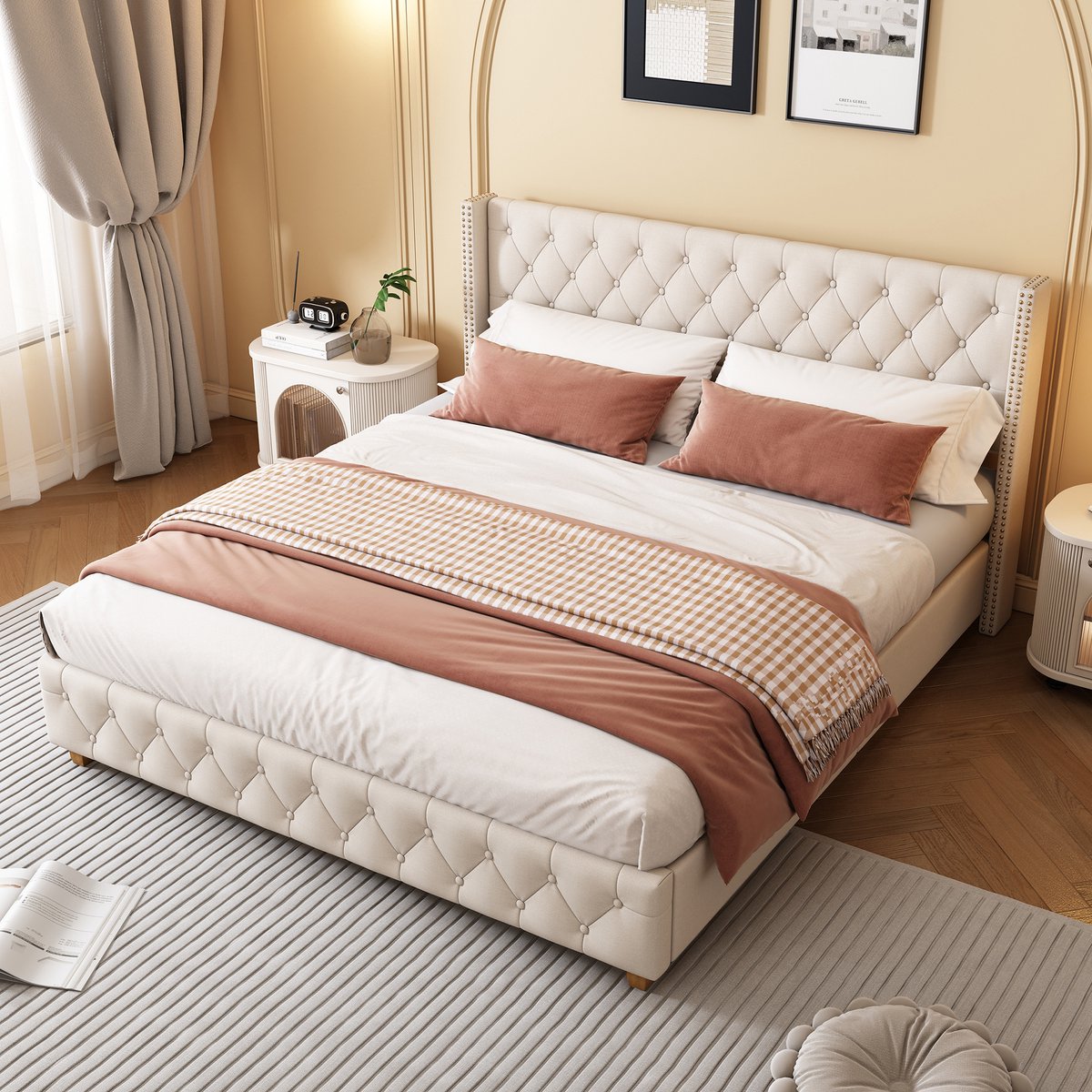 Gestoffeerd bedframe - voor matras 140 x 190 cm - beige - met lattenbodem - matras niet inbegrepen - voor de slaapkamer - dagelijks gebruik