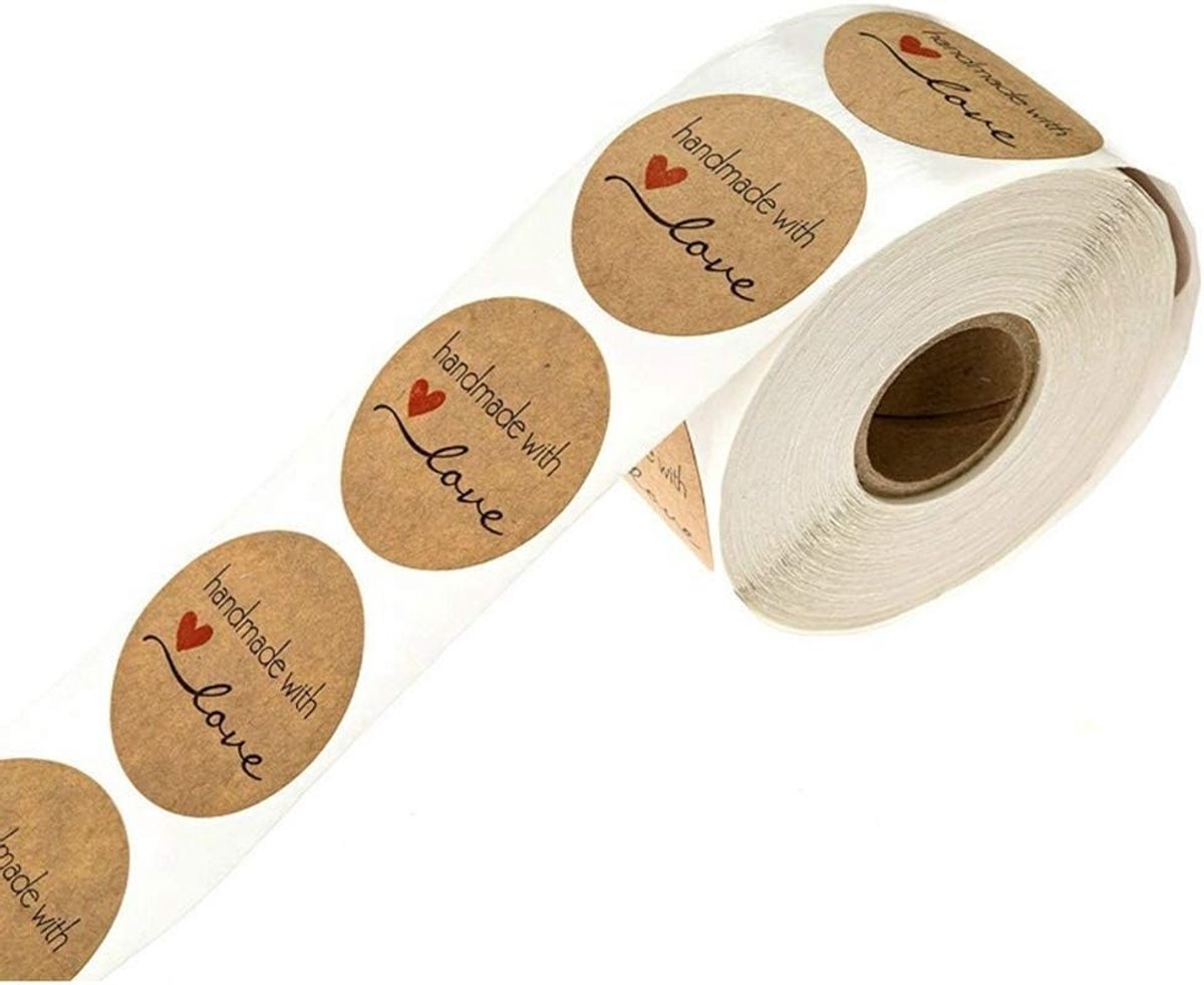 Kraft Papier Zelfklevende Labels - 500 Stuks Handgemaakt met Liefde voor Cadeaus, Bruiloften en Feestjes