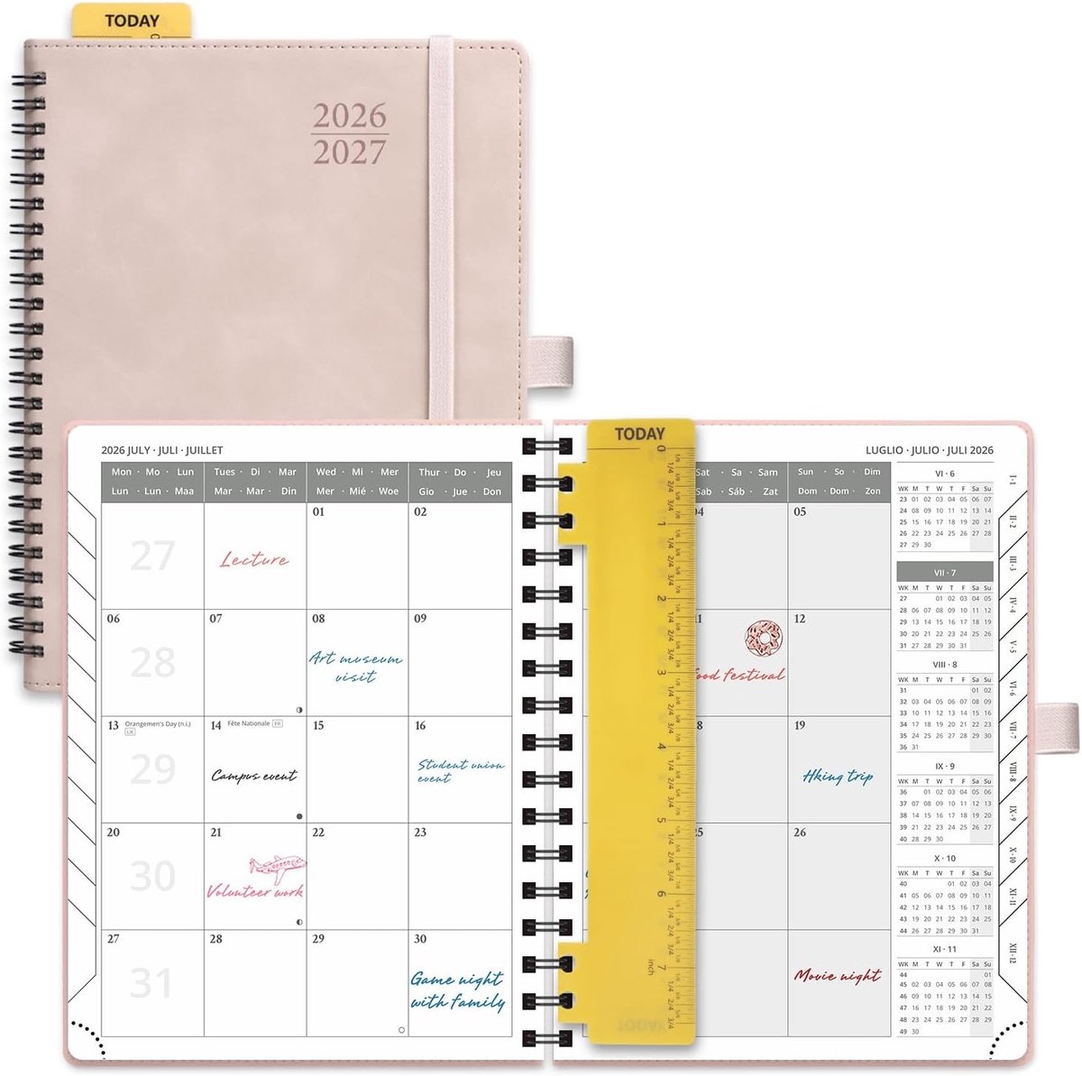 Schoolagenda 26-27 - Roze - 22 x 16,5 cm - 18 Maanden Schoolagenda met Spiral Binding en Liniaal - Voor Studenten en Professionals