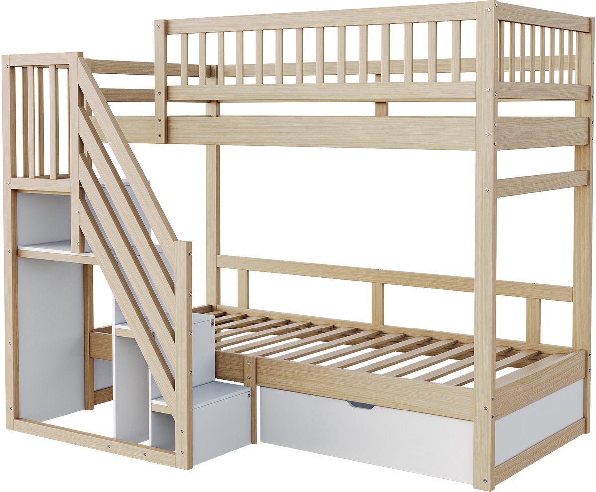 MUVANO Stapelbed - Kinderbed - Tienerbed-Houten Bed – Veiligheidshekje – Lattenbodem – Opbergtrap - Lades - Kinderkamer - 90x200 cm- Slaapruimte-Houtkleur natuur