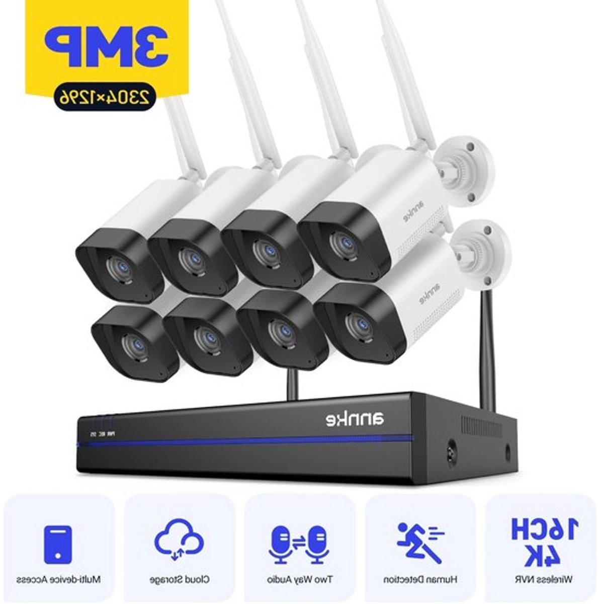 Draadloos Beveiligingssysteem – IP Camera Systeem – Wifi Camera – CCTV Camera – Beveiligingscamera – 8 Camera’s – 2K 3MP Resolutie – IP66 Weerbestendig