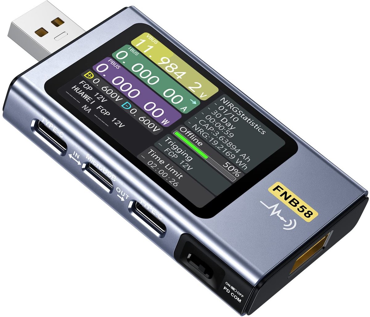 USB Tester - Zwart - Digitaal USB-meetinstrument met Bluetooth-Trigger - Voor USB-A, Micro-USB en Type-C