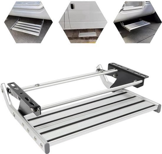 Inklapbare aluminium campertrap met zwarte strips, gemonteerd onder een voertuig. Drie detailfoto's tonen montage.