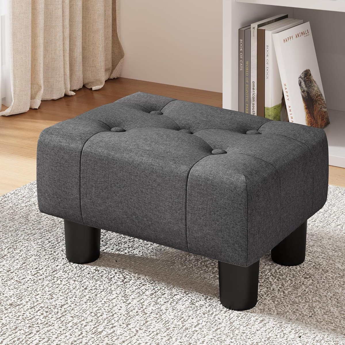 Kleine getufte voetkruk, stoffen voetkrukken, Ottomaans met plastic benen, 9 ''H, rechthoek accent voetenbank voor volwassenen met antislip pads, bank voetsteun voor woonkamer, bank, koolstofgrijs
