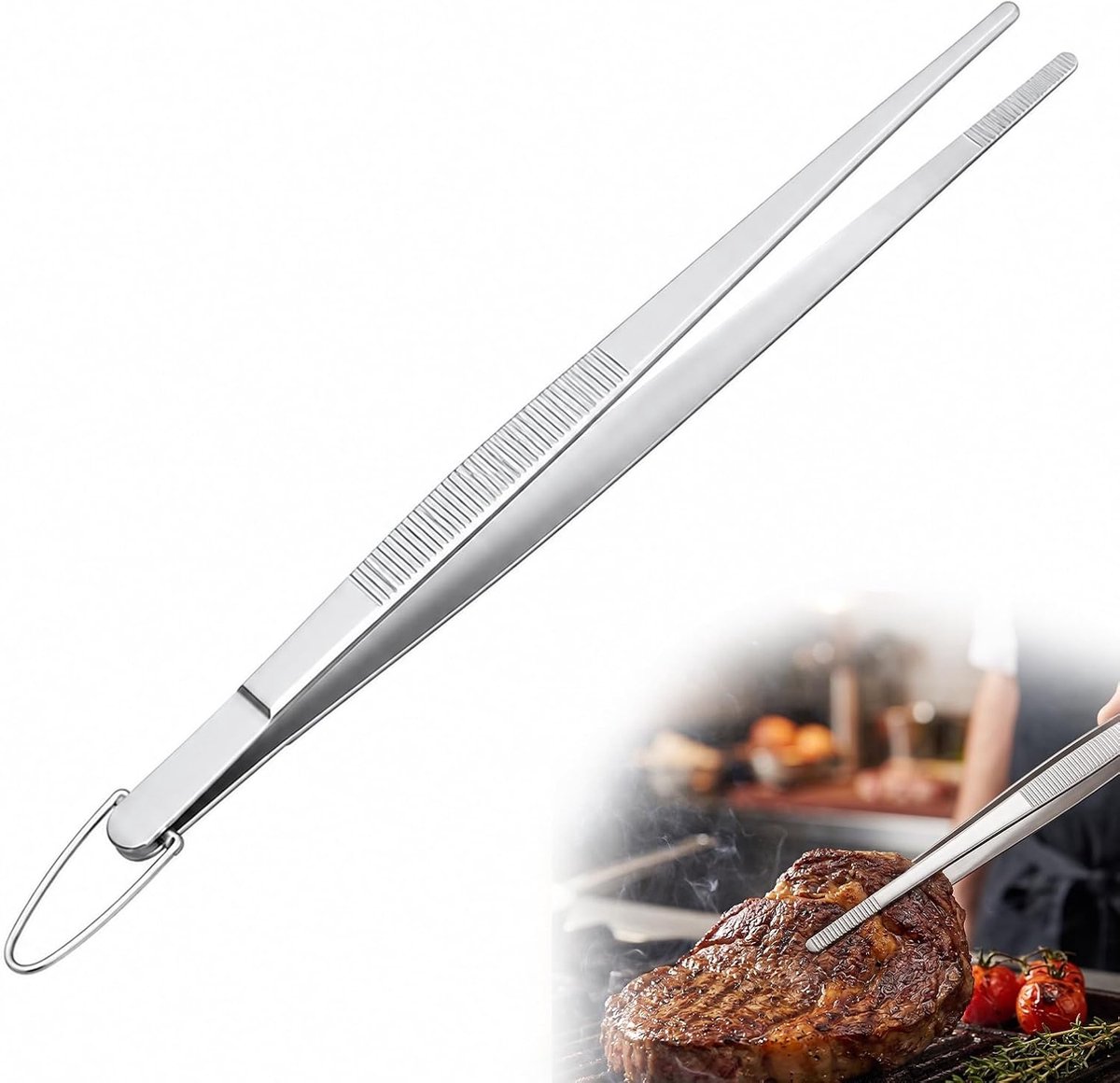 25 cm, precisie-kookpincet, antislip, voor grillen, braden, serveren, vleespincet, naadloos, gelast, grilltang, fijne punt, van 430 roestvrij staal, zilver, 1 stuk