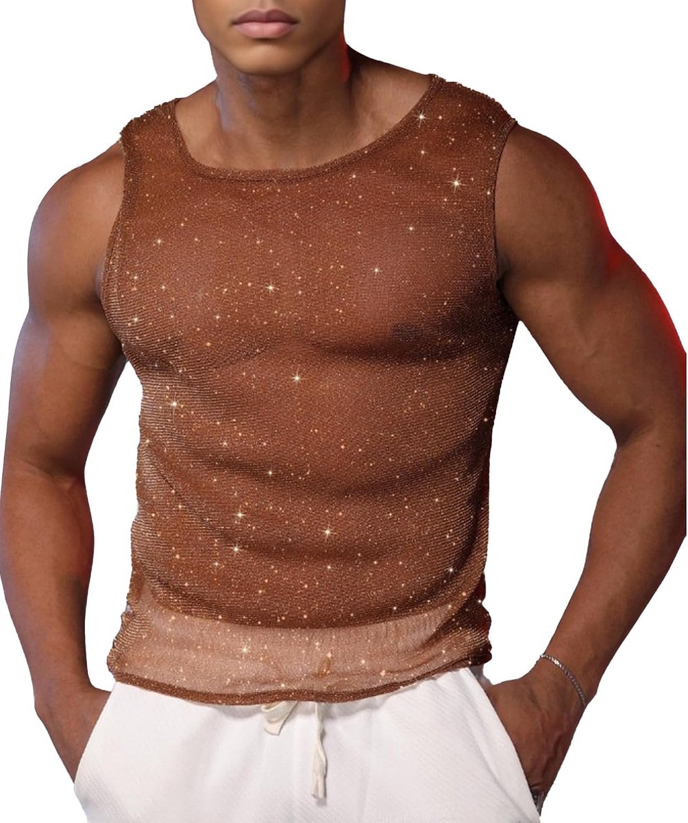 Shiny tanktop voor heren, glinsterend vest, mouwloos visnet, rave-shirt, muziekfestival-outfit, sexy mesh-tanktop