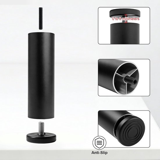 Poten, aluminiumlegering, meubelpoten, 15 cm, in hoogte verstelbare poten, 0-8 mm, meubelpoten, verstelbaar voor bank, bureau, kledingkast, kasten, M8-schroefdraad, zwart — afbeelding 3