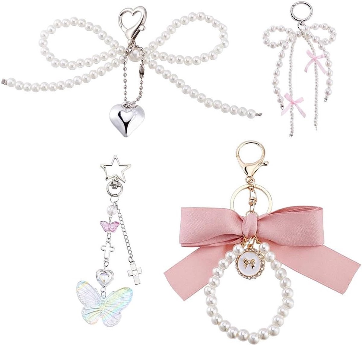 4 Stks 4 Stijlen Parel Boog Sleutelhangers Esthetische Sleutelhanger Parel Polsband Sleutelhanger Strik Sleutelhanger Tas Charm Sleutels Charms Voor Vrouwen Meisjes Autosleutels Portemonnee