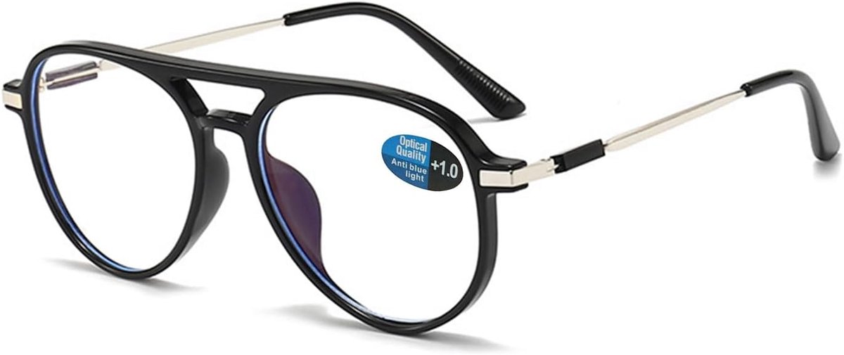 Leesbril voor dames en heren, blauwlichtfilter, retro, mode, pilotenbril met leeshulp, zichthulp, volledige rand, computerbril met gezichtssterkte