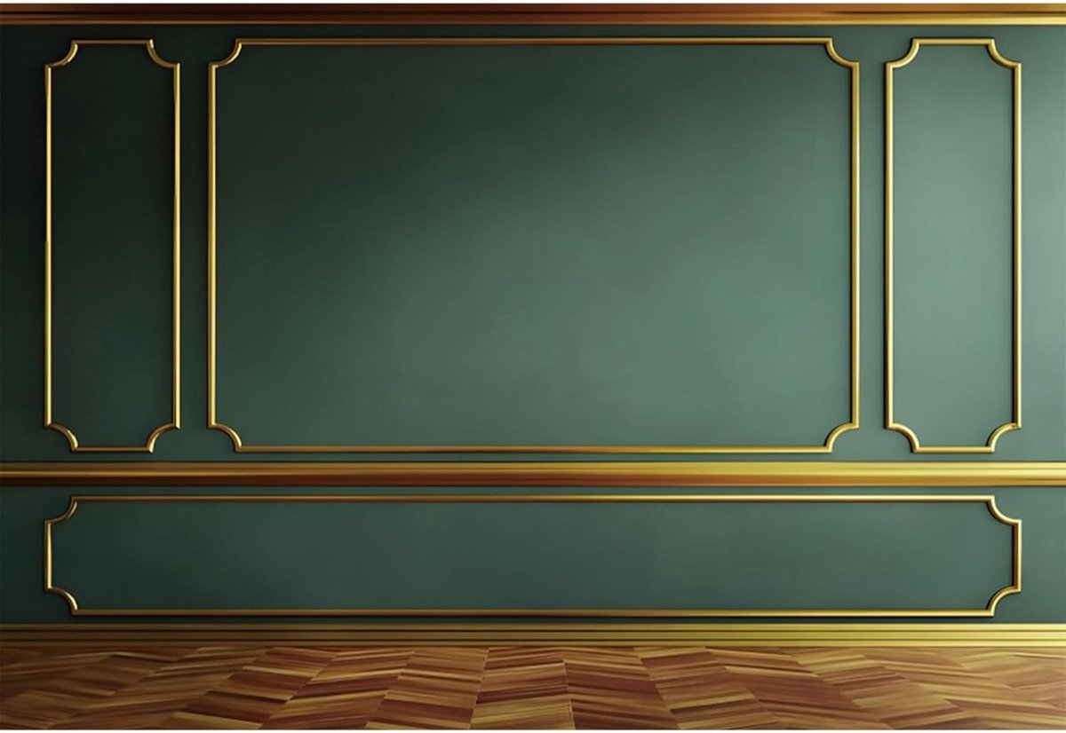 10x8ft Interieur Muur Achtergrond Fotografie Groen Goud Lege Kamer Indoor Houten Vloer Achtergrond Voor Zakelijk Kantoor Woonkamer Familie Foto Studio Prop voor Fotograaf Video Pictures