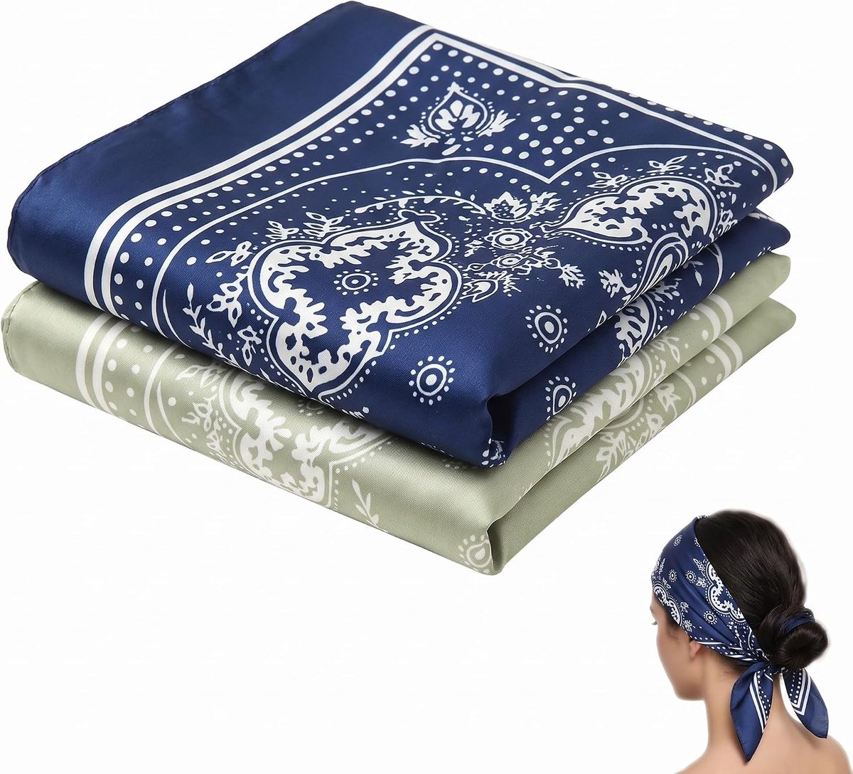 2 stuks haarsjaals voor dames, van satijn, groot, vierkant, 90 x 90 cm, chique damesbandana voor haar, hals en tas, 2 stuks (marineblauw en lichtgroen)