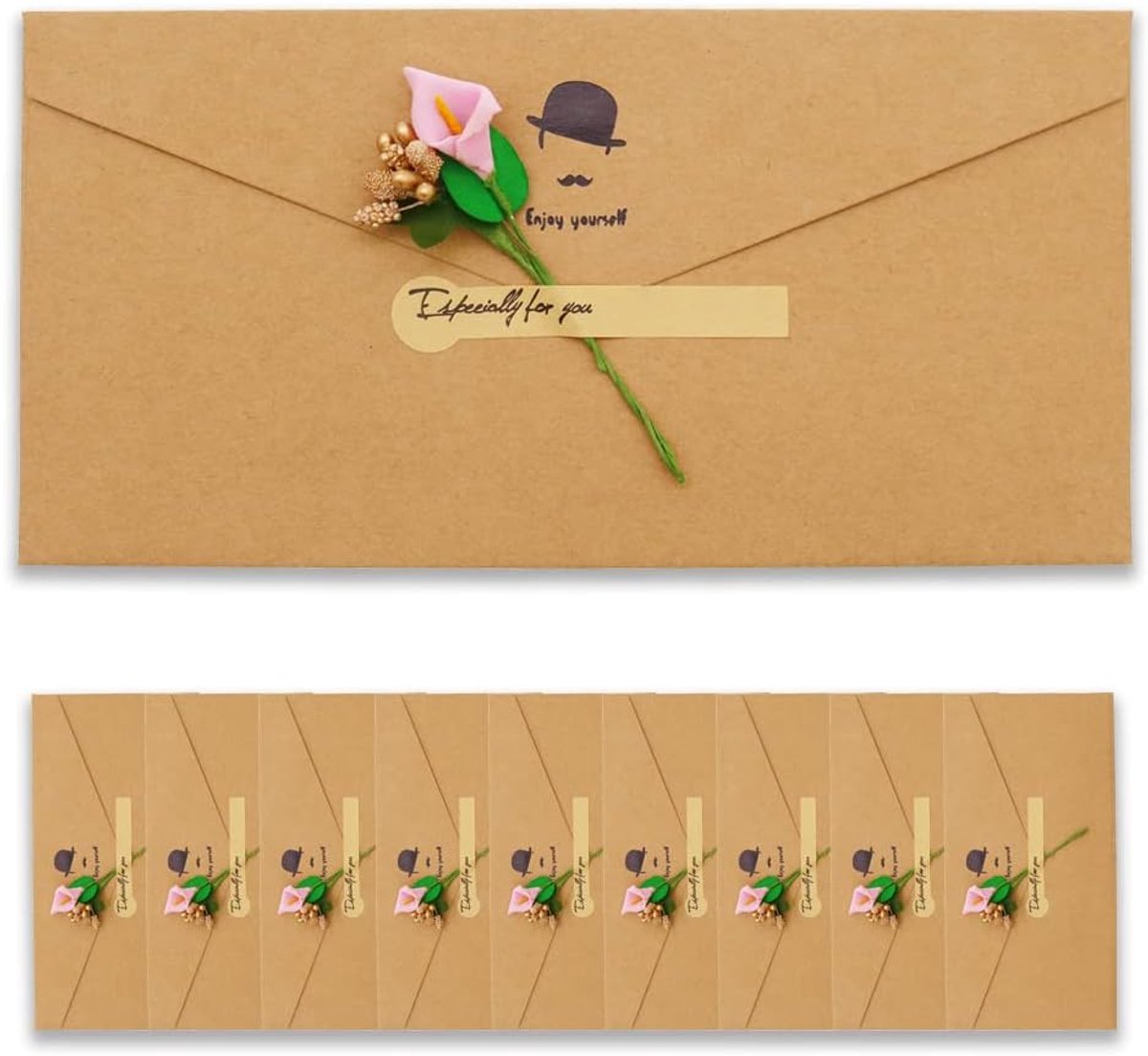 10 stuks vintage kraftpapieren enveloppen met wenskaarten, handgemaakte gedroogde bloemen en stickers, voor verjaardagen, bruiloften, Kerstmis, uitnodigingen, ansichtkaarten en bedankkaarten (koffiekleur)