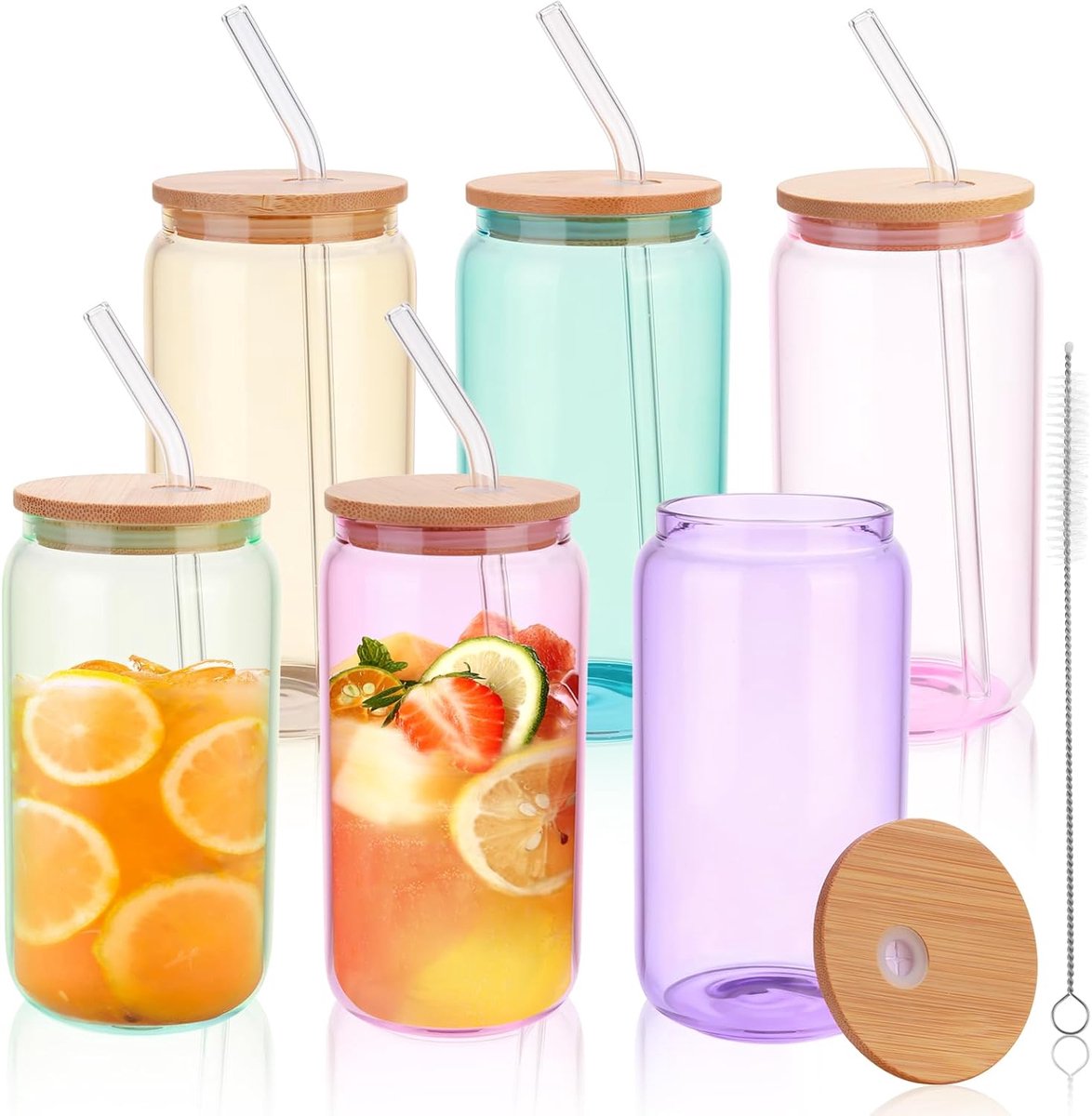 6 stuks Glazen met Deksel en Rietje, 6 Kleuren, 550 ml, Drinkglazen met Deksel, Bubble Tea-Bekers, Smoothieglazen voor Drinkglazen in Blikvorm, Ijskoffieglas, Cocktails