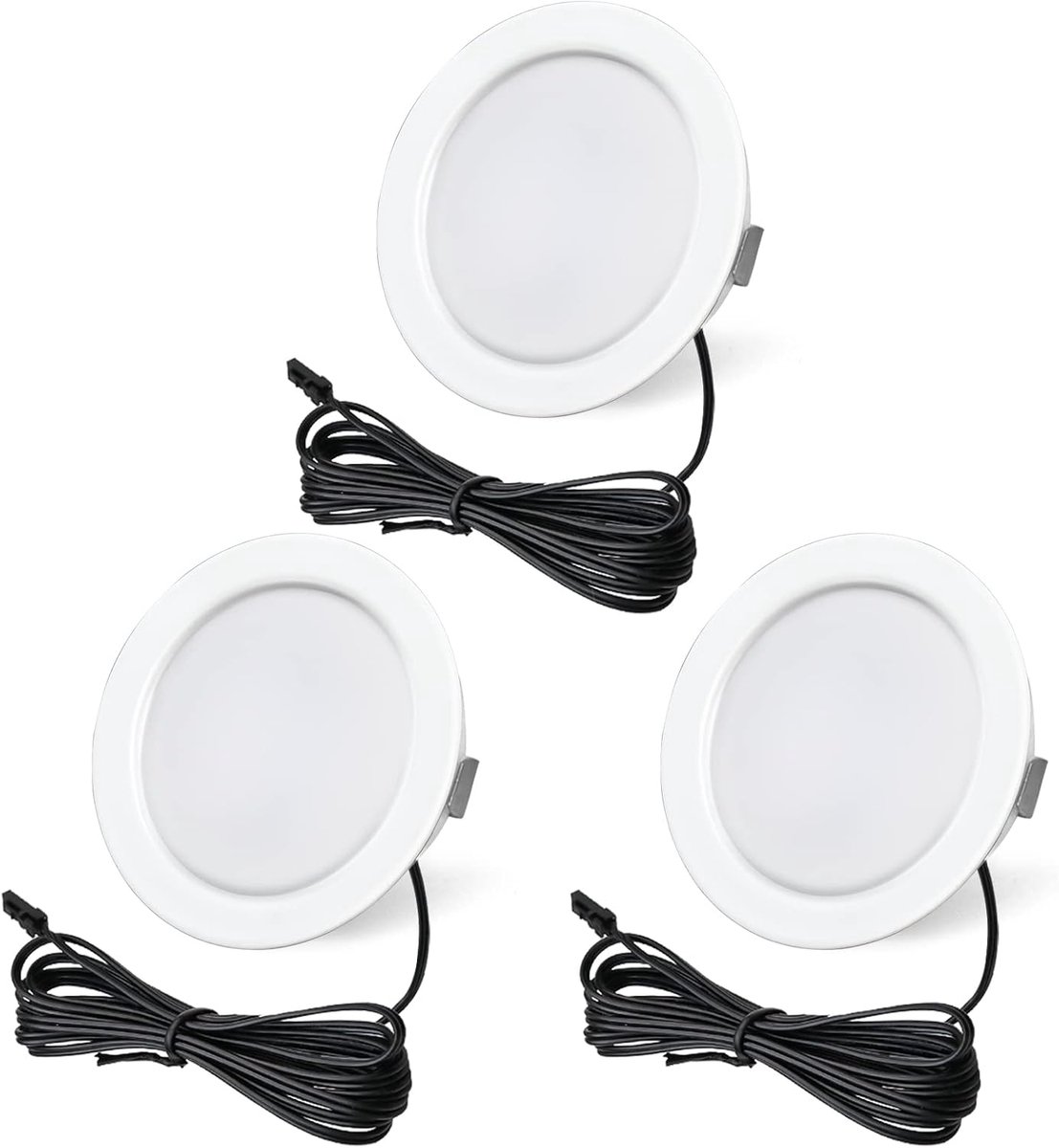 12 V, dimbaar, 3,5 W, 3.000 K, warmwit, 300 lumen, extra plat, inbouwlamp, plafondlamp, led voor meubels met kabel van 2 meter, 3 stuks, wit