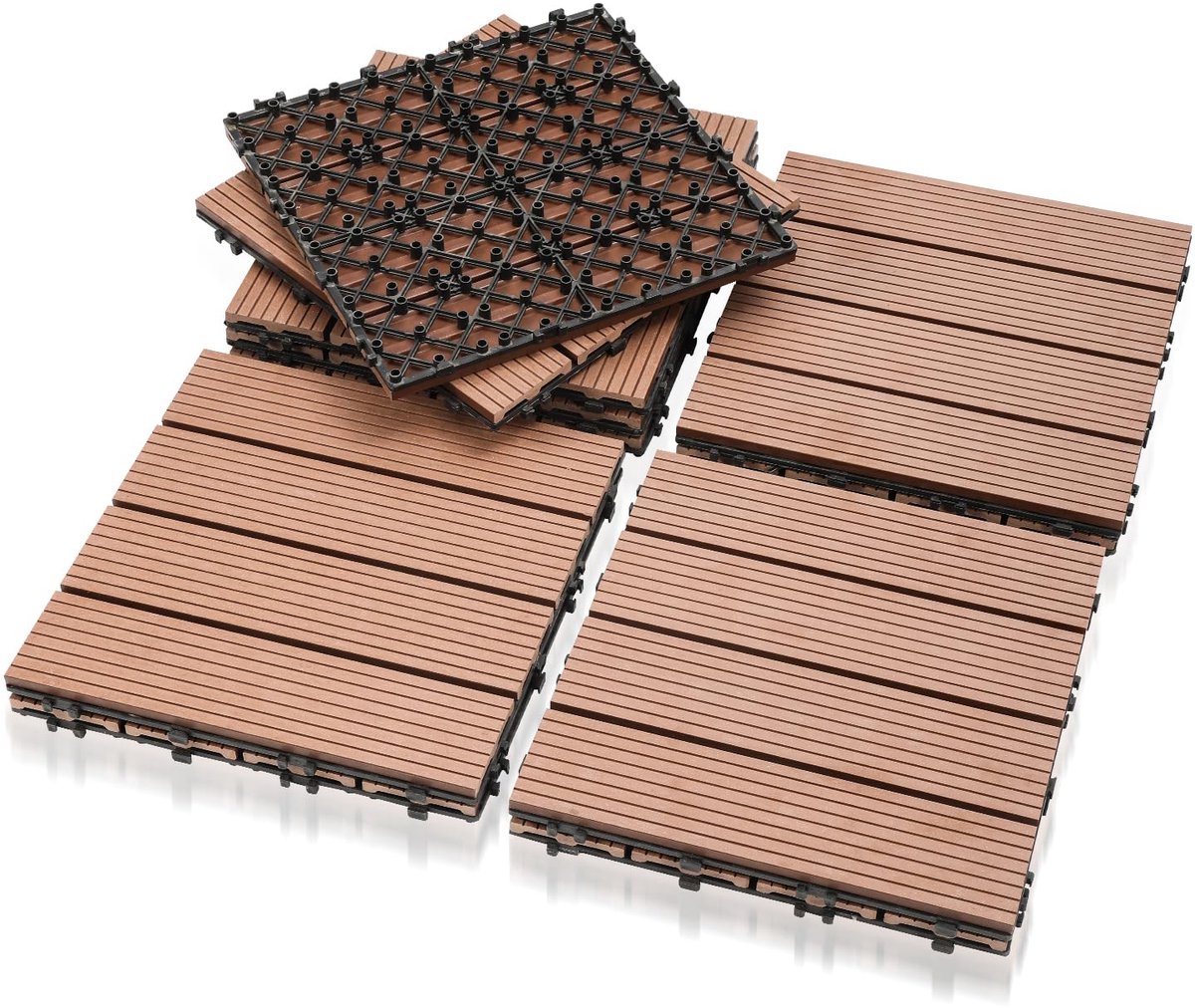 Hout-kunststof tegels, 30 x 30 cm, 33 stuks, bruin, balkontegels, kliktegels, tuin, plafonddecoratie, waterdicht, corrosiebestendig en eenvoudig te installeren