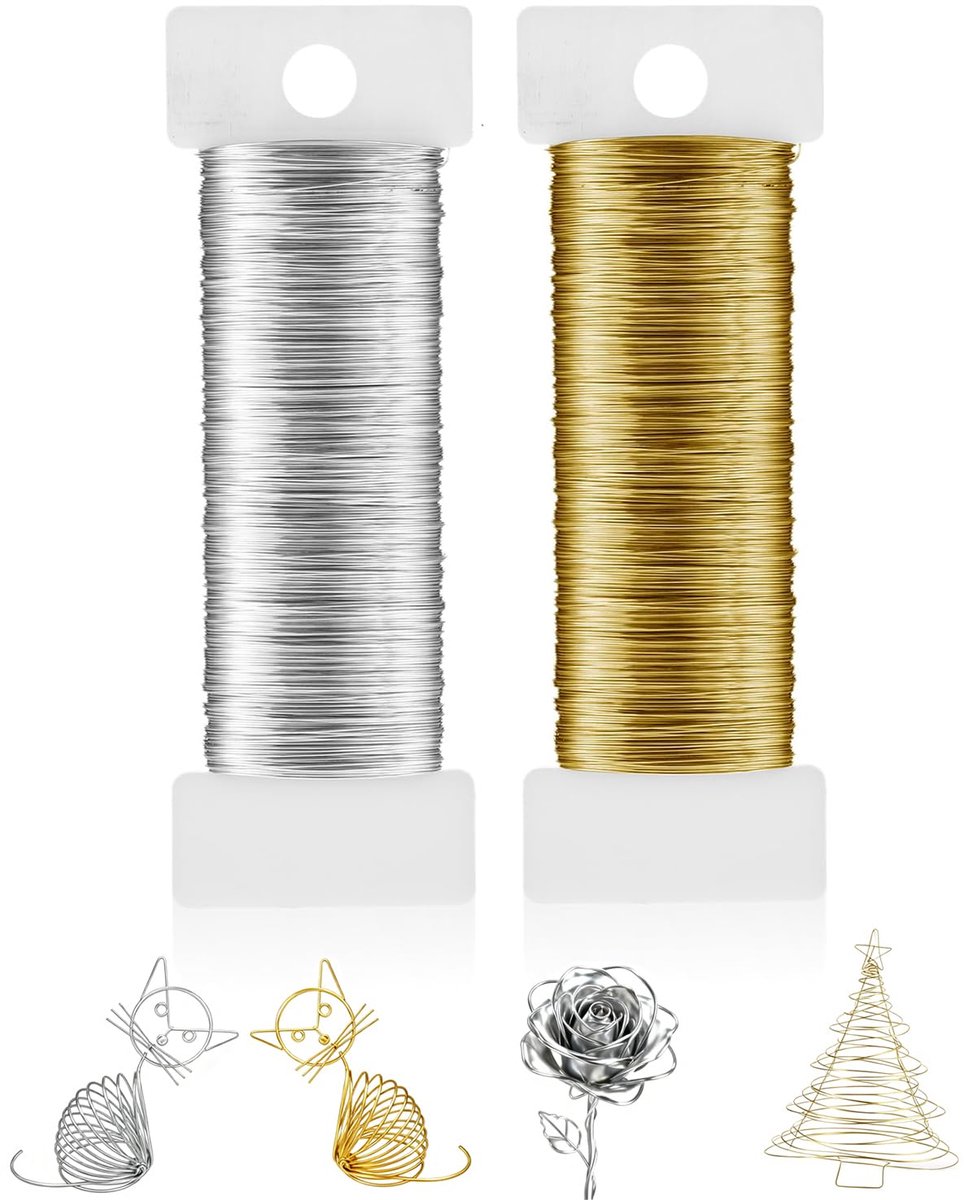 Draad, 2 rollen draad voor het knutselen, knutseldraad, dunne sieradendraad voor handwerk, planten, bloemen (goud en zilver)